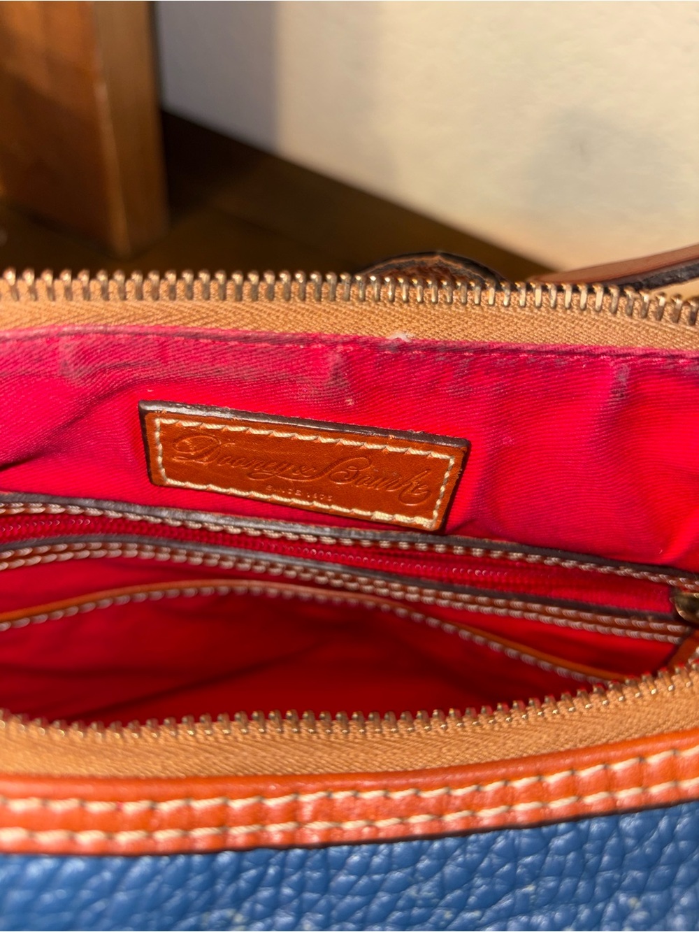 Dooney & Bourke Pebbled Leather Hobo Shoulder Bag – Blue with British Tan Trim - Picture 11 of 13